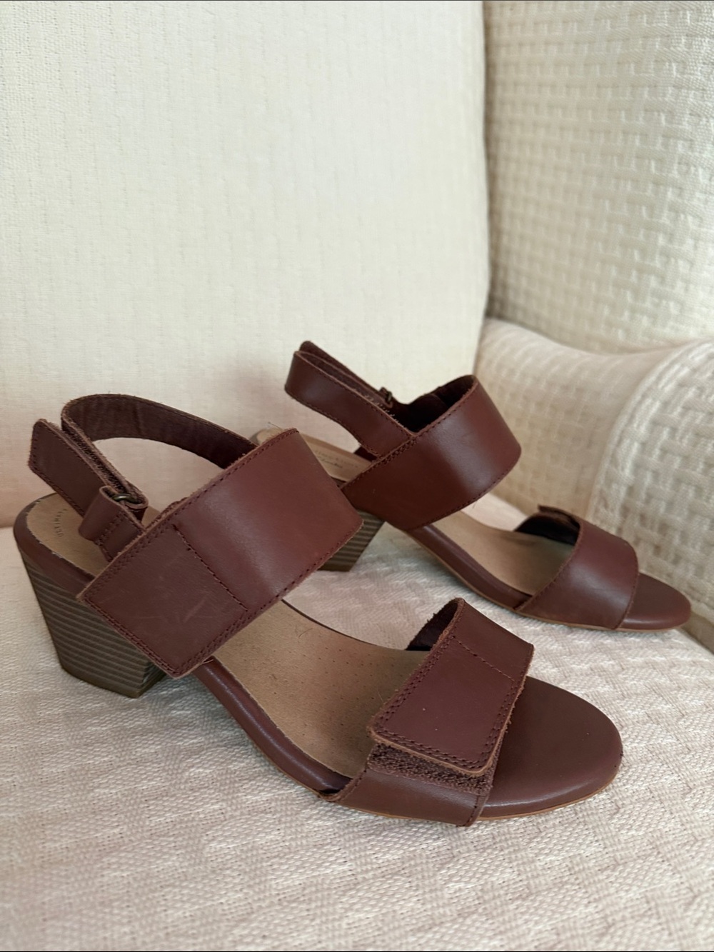 Clarks Brown Leather Velcro Block Heel Sandals